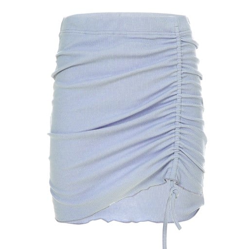 Dames mini rok met rimpeling en trekkoord aan de zijkant Lichtblauwe ribgebreide rok Rekbare taille Katoen, polyester en spandex
