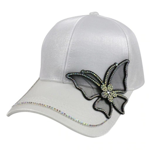 Dames pet met decoratieve vlinder van steentjes Glanzend polyester Doorzichtige vleugels Glanzende rand van de klep Verstelbare band Universele