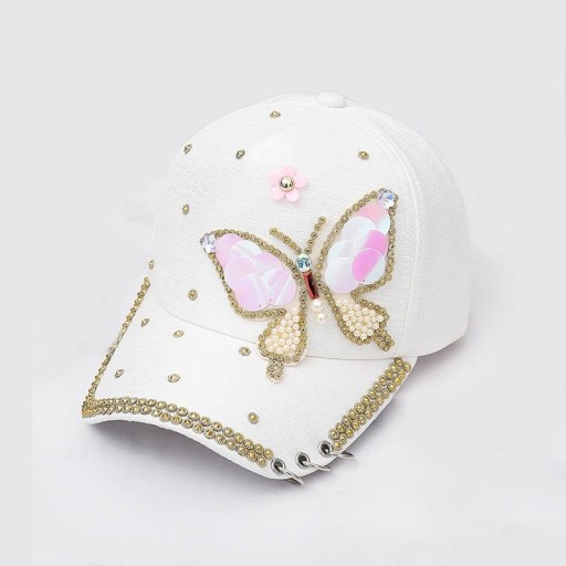 Dames pet met vlinder van glitters en parels Katoen Metalen ringen op de klep Versiering van steentjes Hoofdomtrek 55 tot 60 cm