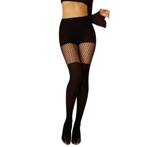 Dames punk panty met netinzet aan de bovenkant van de dijen, maten S, M, L, polyester en nylon, zwart, voor alt outfit en club