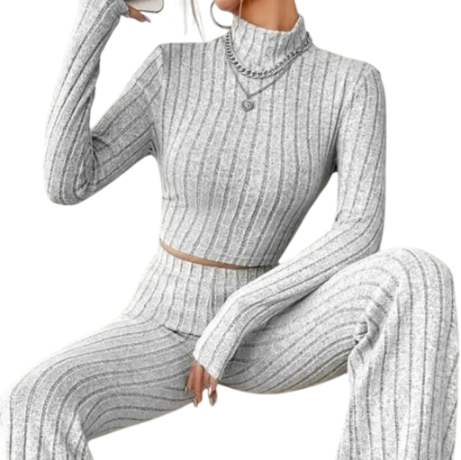 Dames set trui en broek Geribde breisel met col D lange mouwen Grijze kleur Polyester Tweedelige set voor dagelijks gebruik