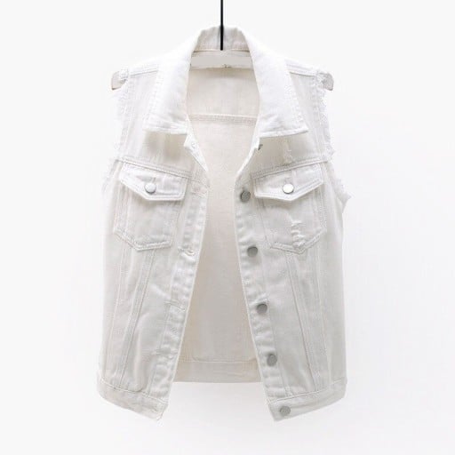 Dames spijkerjasje zonder mouwen Klassieke kraag en metalen knopen Borstzakken met klep Rafelige armsgaten en slijtage Zijzakken