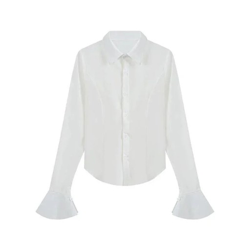 Dames strakke blouse met lange mouwen, klokmanchetten, klassieke kraag en strik op de rug met afgeronde onderrand