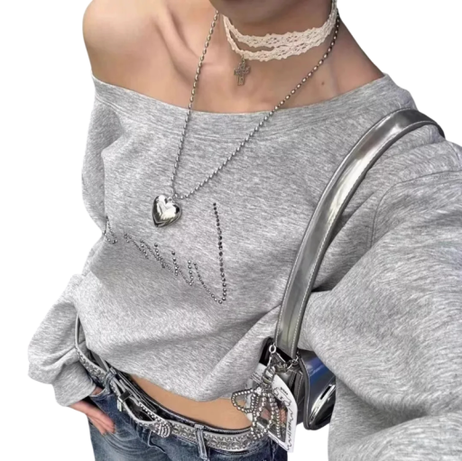 Dames sweatshirt met één schouder Grijs sweatshirt met subtiele tekst Stijlvolle casual top van een zachte mix van katoen en polyester