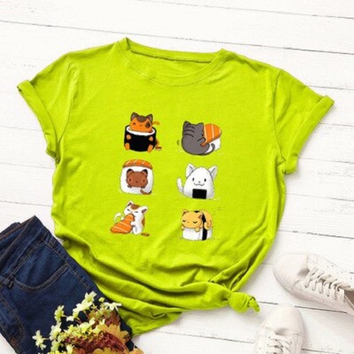 Dames T-shirt met sushi- en kattenprint