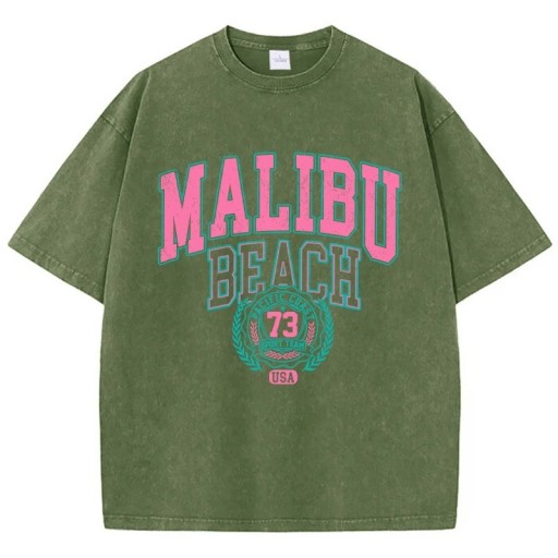 Dames T-shirt met vintage print MALIBU BEACH Losse pasvorm Zomer streetwear top Retro stijl Casual kleding Modieus sportief design