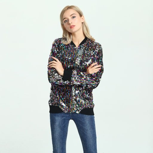 Dames voorjaars bomberjack met gekleurde pailletten Glinsterend oppervlak over de hele oppervlakte Zwarte geribde boorden Ritssluiting Polyester