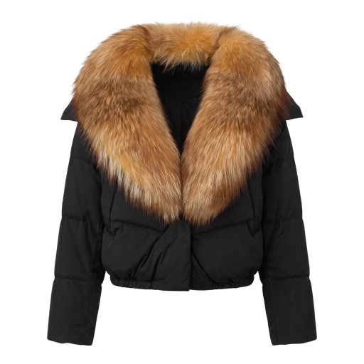 Dames winterjas korte donzen met roestkleurige kraag van echt bont en elastische taille met lange mouwen