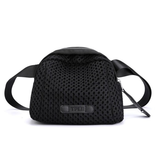 Dames zwarte schoudertas met netstructuur Rond gevormd met rits Brede schouderband Nylon met polyester Afmetingen 24 x 17 x 14 cm