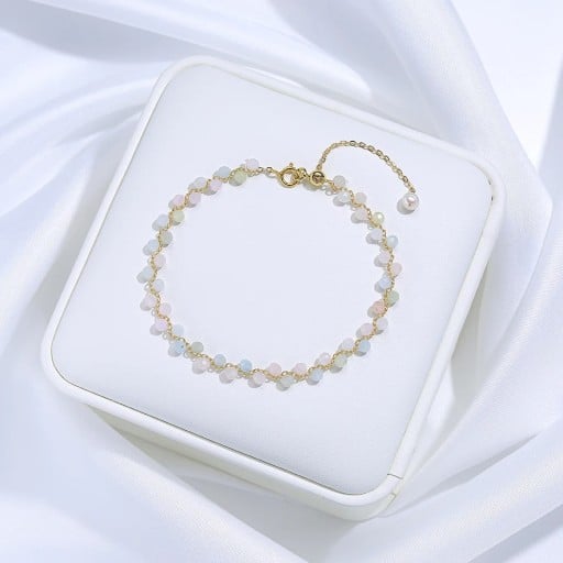 Damesarmband met morganiet geslepen pastelkleurige kralen gouden ketting 16 - 20 x 3 mm steen met decoratieve parel verstelbaar