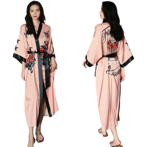 Damesbadjas universele maat Roze kleur Met bloemenmotief Strik rond de taille Lichte badjas van kunstzijde en polyester Elegante huisbadjas