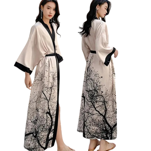 Damesbadjas universele maat Witte kleur Met takkenmotief Strik rond de taille Lichte badjas van kunstzijde en polyester Elegante huisbadjas