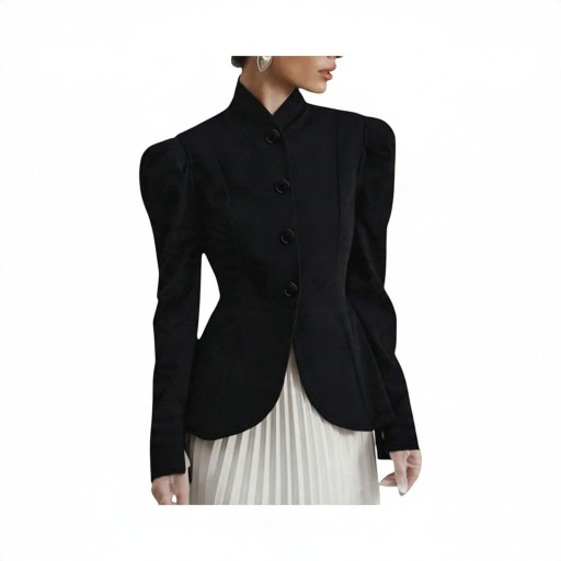 Damesblazer met staander en geplooide schouders Sluiting met 4 knopen Getailleerde snit Afgeronde zoom Polyester Zwart Voor op kantoor