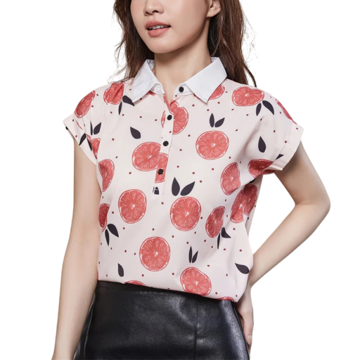 Damesblouse met fruitprint Roze blouse met grapefruit en witte kraag Korte mouw Zomertop met knoopjes in de taille