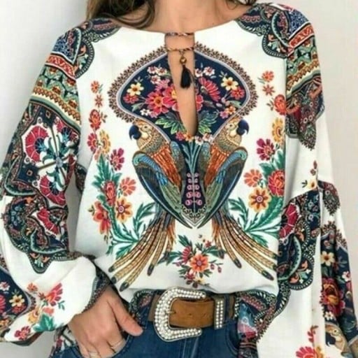 Damesblouse met lange ballonmouwen Ornamentale print met papegaaien en bloemen Uitsnijding bij de hals met een koord en kwast Losse pasvorm