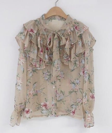 Damesblouse met strik om de hals en volants rond de decolleté en schouders Lange mouwen met volants manchet Fijn bloemenpatroon Polyester