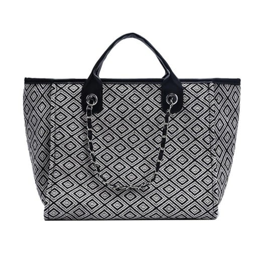 Dameshandtas met ruitpatroon 31 x 24 x 16 cm Korte handvatten voor in de hand Lange kettingen voor over de schouder Katoen en polyester