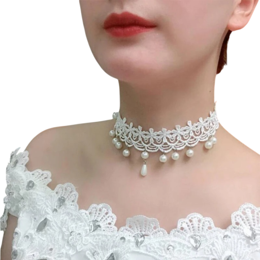Dameskant choker halsketting met hanger en hangende versieringen met sluiting kant wit fijn accessoire voor feestelijk gebruik