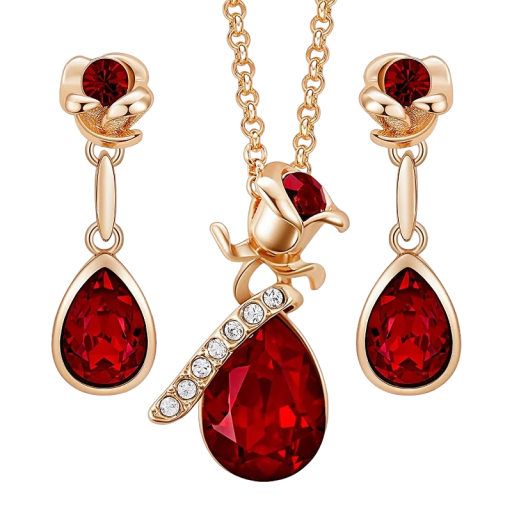 Damesset van ketting en oorbellen met rozenmotief