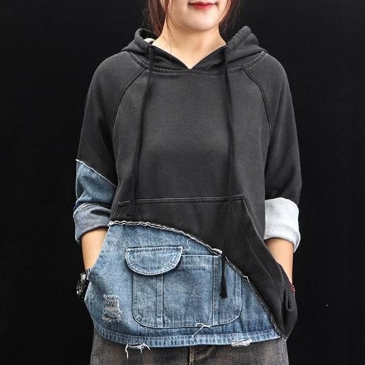 Damesweatshirt med denimindlæg