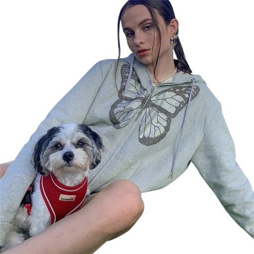 Damesweatshirt med sommerfugl, grå P2457
