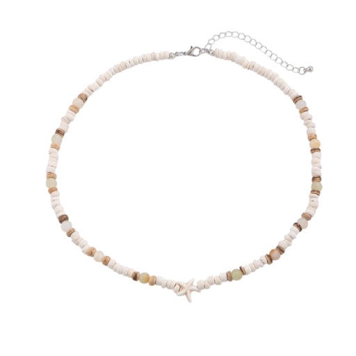 Damhalsband med träkulor och sjöstjärneberlock längd 47,5+8 cm naturligt material beige fint smycke för vardagsbruk