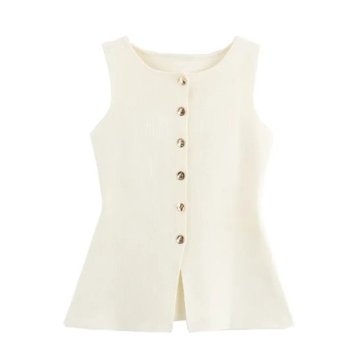 Dams elegant beige väst med O-ringning Knäppning med knappar Enfärgad stilren väst i lätt polyester för vardagsbruk