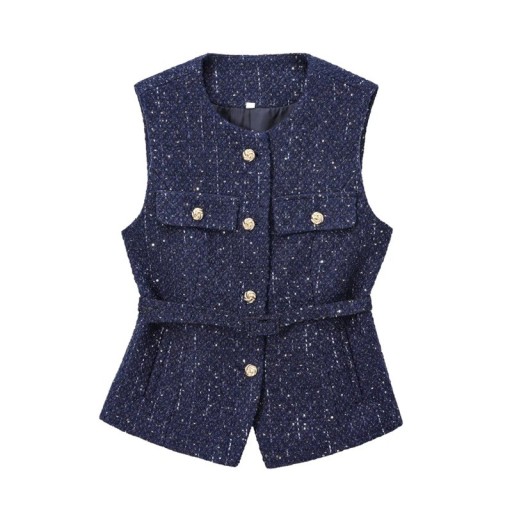 Dams elegant enfärgad väst med bälte och fickor på bröstet U-ringning Knäppning med knappar Stilig polyester väst Olika färger