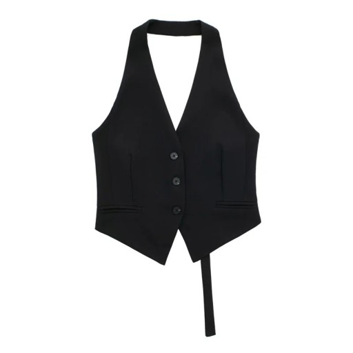 Dams elegant enfärgad väst med V-ringning och fickor Stilig polyester väst med axelband runt nacken och knytning på ryggen