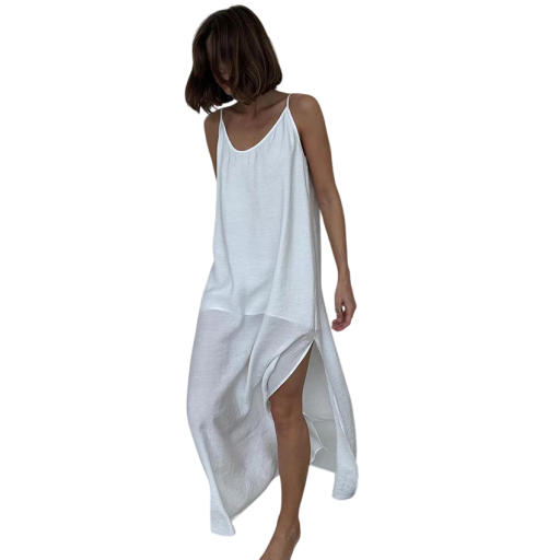 Dams lång nattklänning med V-ringning Elegant lös klänning med underkjol och slits Polyester Nylon Rayon Olika färger