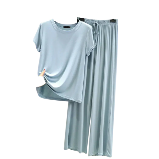 Dams pyjamas i modal och spandex Enfärgad set med t-shirt med kort ärm och O-ringning Bekväma långa byxor