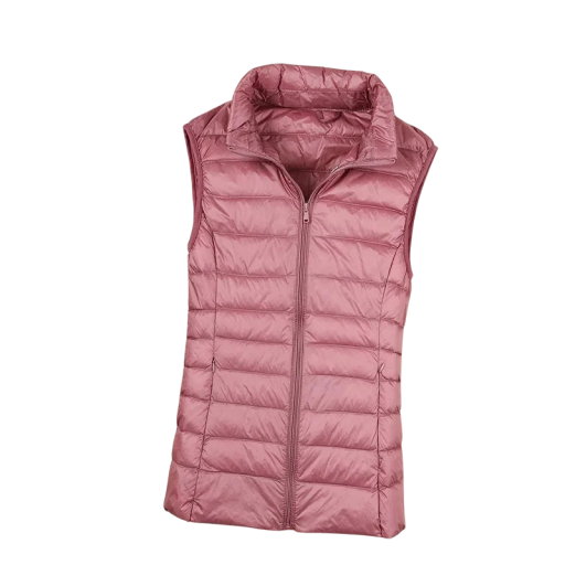 Dams vinterväst med hög krage och dragkedja Enfärgad värmande väst i lätt polyester Stilfull vinterväst i olika färger