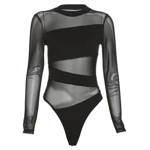 Damsk bodysuit med lång ärm, ståkrage, genomskinliga nätpartier, asymmetriska ränder och figurnära passform i elastiskt material svart