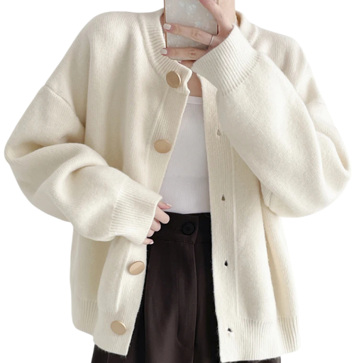 Damsk cardigan i bomull och akryl med långa ärmar och knäppning med knappar Enfärgad tröja i universell storlek Elegant dammode
