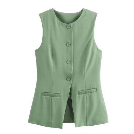 Damsk elegant enfärgad väst med O-hals Knäppning med knappar Stilig polyester väst utan ärmar för vardagligt och formellt bruk