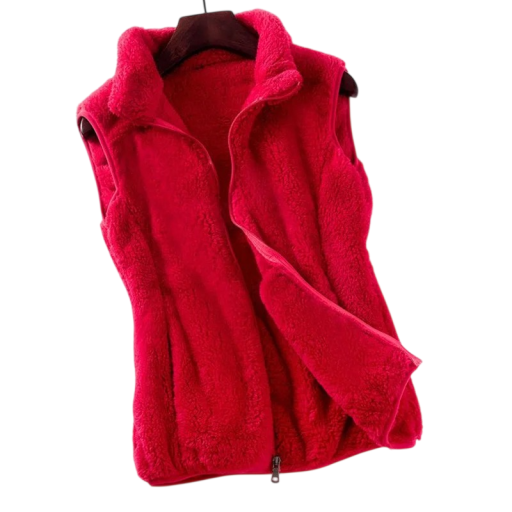 Damsk fleeceväst med ståkrage och dragkedja utan ärmar polyester bomull röd värmande material för vardagligt bruk