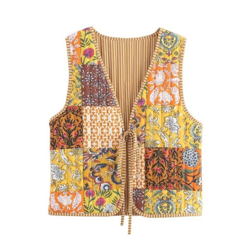 Damsk gulorange väst med mönster och V-ringning Lätt väst med snörning i midjan Stilig polyester väst för sommar- och höstoutfit