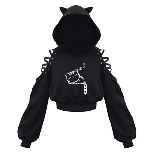 Damsk hoodie med kattöron Svart hoodie med kattmönster och snörning på axlarna Bekväm bomulls-polyester överdel