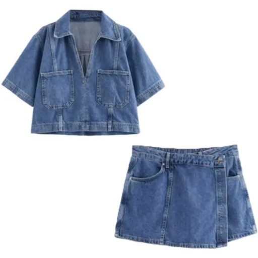 Damsk komplet topp och minisärk Dvoudílný set Jeansdesign Skjortkrage och kort ärm Främre fickor Polyester Ljusblå För sommaren