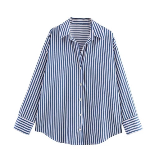 Damsk randig lös skjorta med lång ärm och krage Elegant blus med knappar i lätt polyester Stilig topp i olika färger