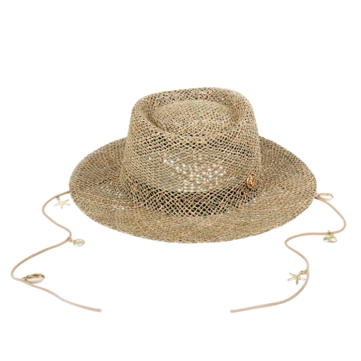 Damsk straw hat 55-57 cm Metal emblem Cord with shells Summer sun hat Beach fashion accessory
