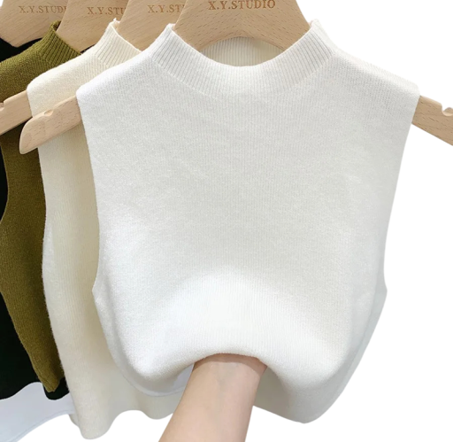 Damsk topp utan ärmar i polyester och bomull Enfärgad elegant stickad topp med rund hals Universalstorlek
