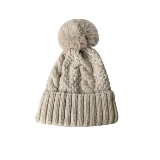 Damsk vinterstickad mössa Twist med pälsboll Polyester varm mössa 55–60 cm Enfärgad skidmössa med fluffig boll