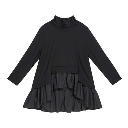 Dámská asymetrická mikina s volánovou spodní částí Nepravidelný lem Volný áčkový střih Stojáček Dlouhé rukávy Černá Bavlna a polyester