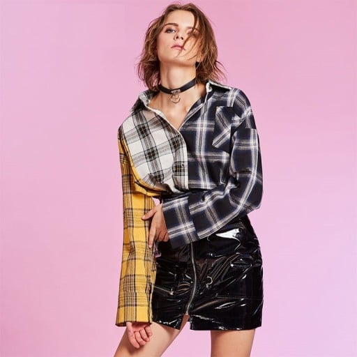 Dámska bavlnená košeľa s dlhým rukávom Patchwork zo žltej a čiernobielej kocky Voľný oversize strih Náprsní kapsa Moderný štýl