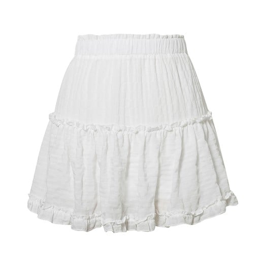 Dámská bílá mini sukně s řasením a volánkovým lemem Pružný nabíraný pas Rozšířený vzdušný střih Lehký polyester s jemnou strukturou