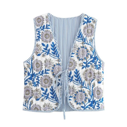 Dámská bílá vesta s modrými vzory a výstřihem do V Stylová vesta na zavazování s tkaničkou Lehká elegantní vesta z polyesteru pro každodenní nošení