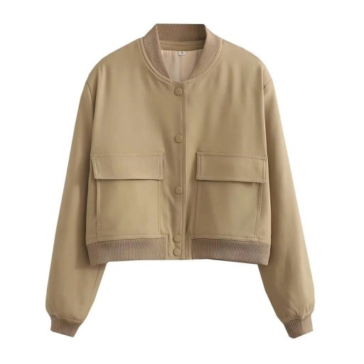 Dámská bunda bomber s kapsami Elegantní krátký kabátek s V-výstřihem Zapínání na knoflíky Stylová jarní bunda s dlouhým rukávem
