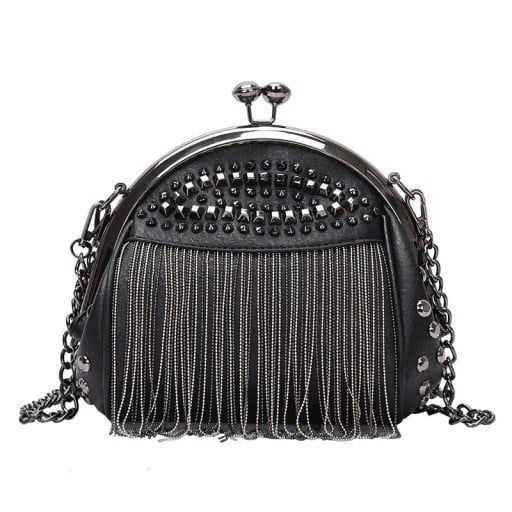 Dámská černá crossbody kabelka s kovovým rámem a zapínáním na kuličky Třásně z řetízků a cvočky PU kůže a polyester 23 x 18 x 10 cm