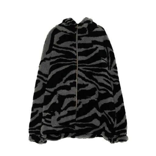 Dámská chlupatá bunda se zebřím vzorem a kapucí Volný oversize střih Zapínání na zip Dvě boční kapsy Polyester a bavlna Na každý den